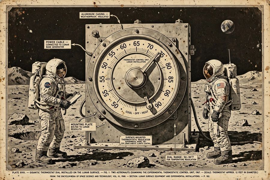An illustration of a huge thermostat installed on the moon's surface