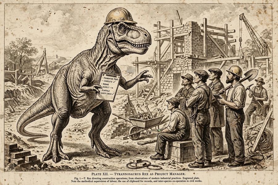 An illustration of a T-Rex in a hard hat holding a clipboard