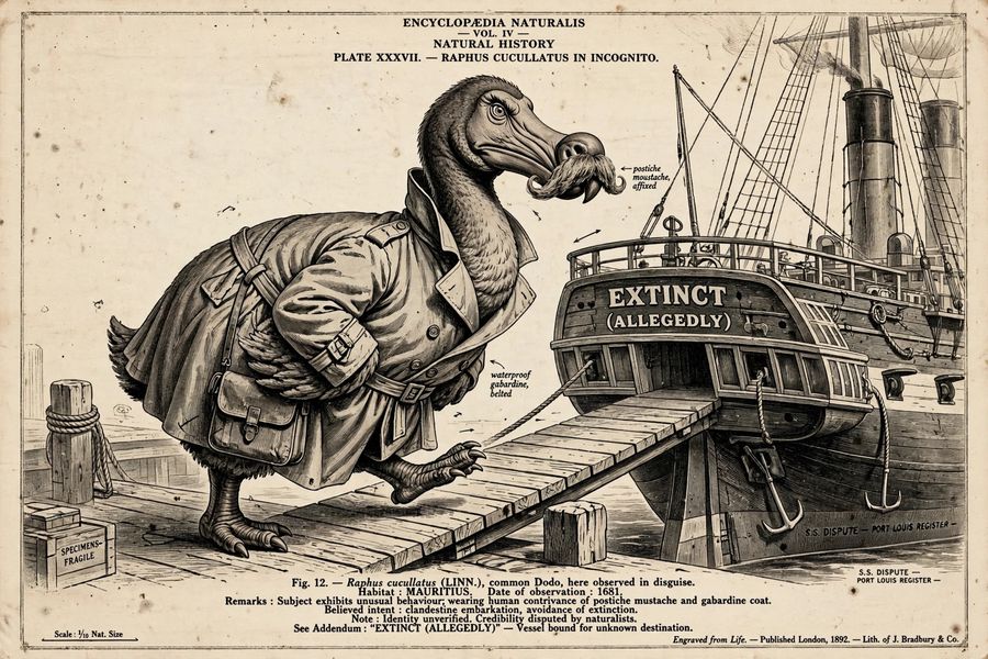 A dodo bird in a false mustache and trench coat boarding a ship labeled EXTINCT (ALLEGEDLY)