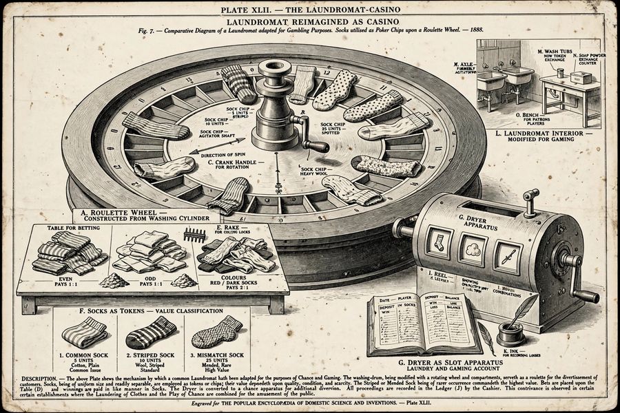 A laundromat reimagined as a casino, socks as poker chips on a roulette wheel