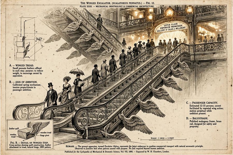 A department-store escalator with small wings sprouting from its steps, ascending toward a glowing upper floor, rendered as a dignified natural-history plate