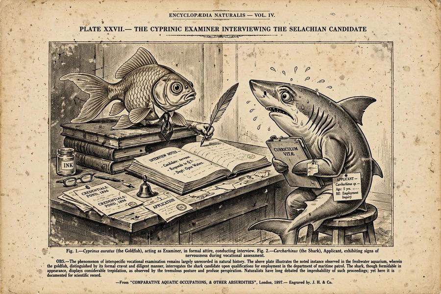 A goldfish in a tiny tie behind a desk interviewing a nervous shark job applicant