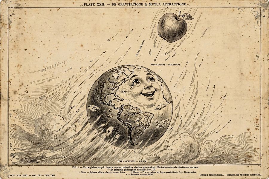 An illustration of the Earth rushing up to greet an apple