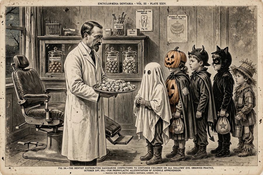 A solemn 1911 dentist distributing wrapped candies to costumed children