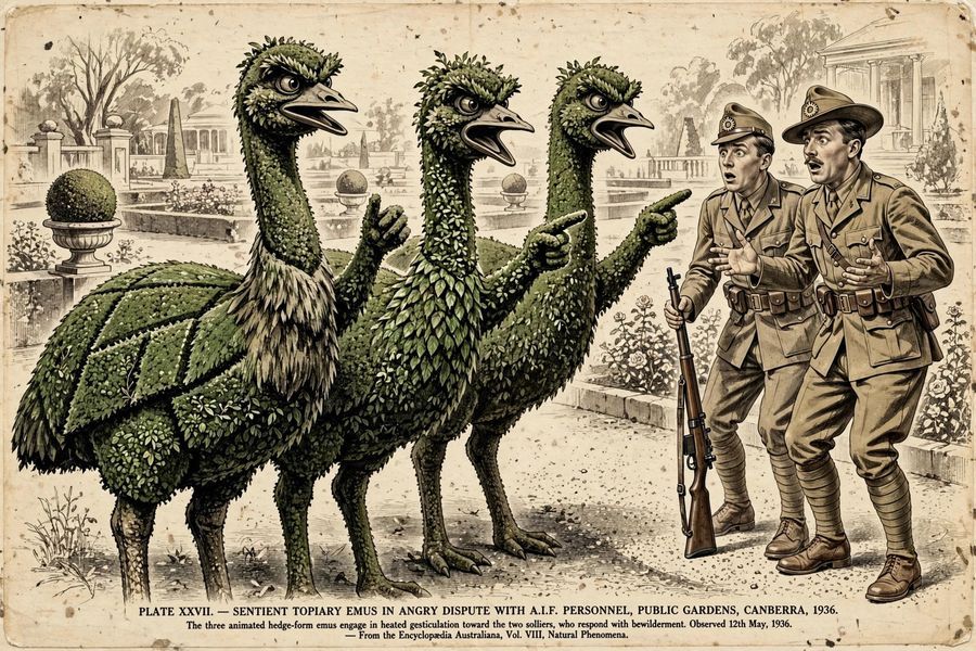 An artistic rendition of sentient topiary shrubs arguing with soldiers