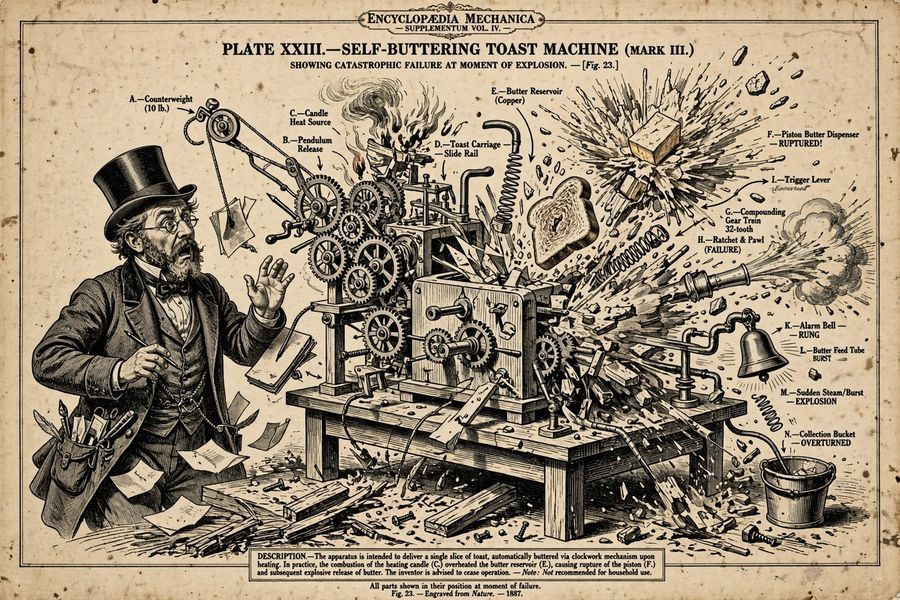 An illustration of a complex Rube Goldberg machine making toast