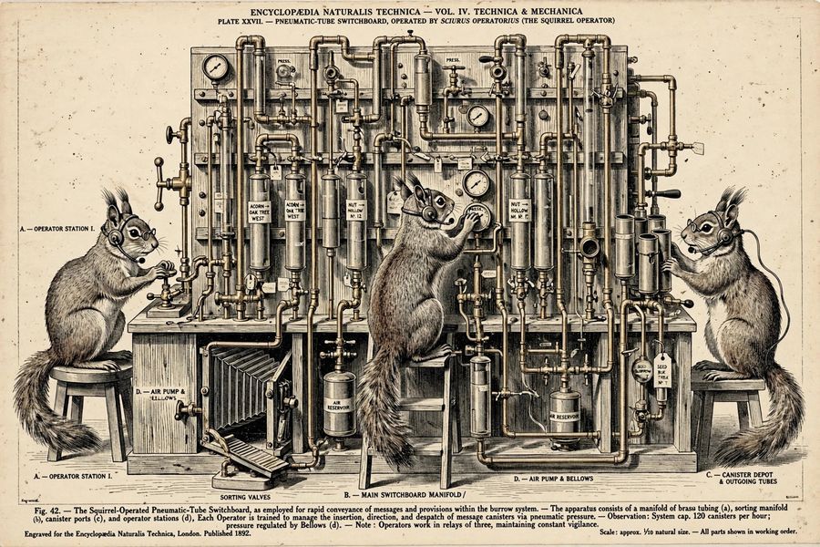 An illustration of squirrels operating a complex switchboard of tubes