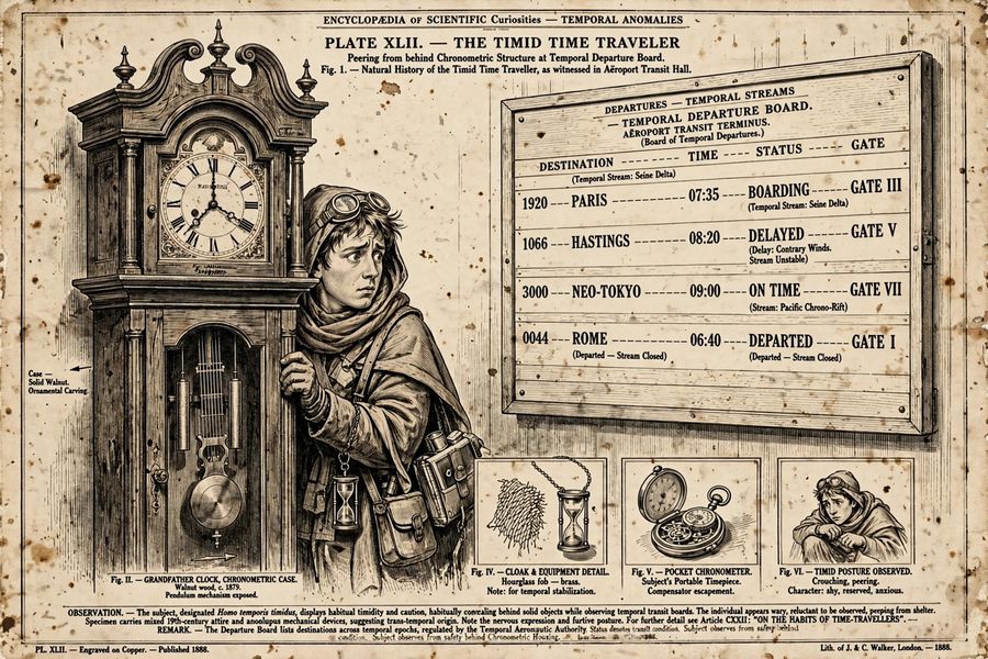 A timid time traveler peeking from behind a grandfather clock at an airport departure board