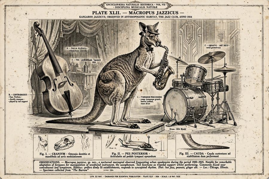 A kangaroo playing a saxophone in a 1920s jazz club, rendered as a dignified natural-history plate