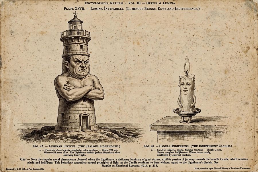 A lighthouse glaring jealously, arms crossed, at a small unbothered candle