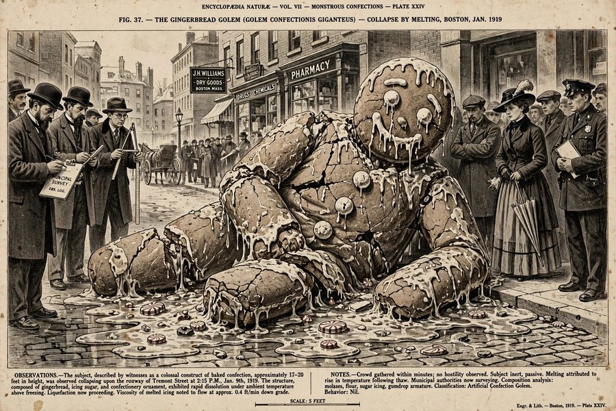 An illustration of a giant gingerbread man melting