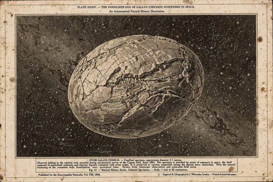 An illustration of a giant fossilized egg in space