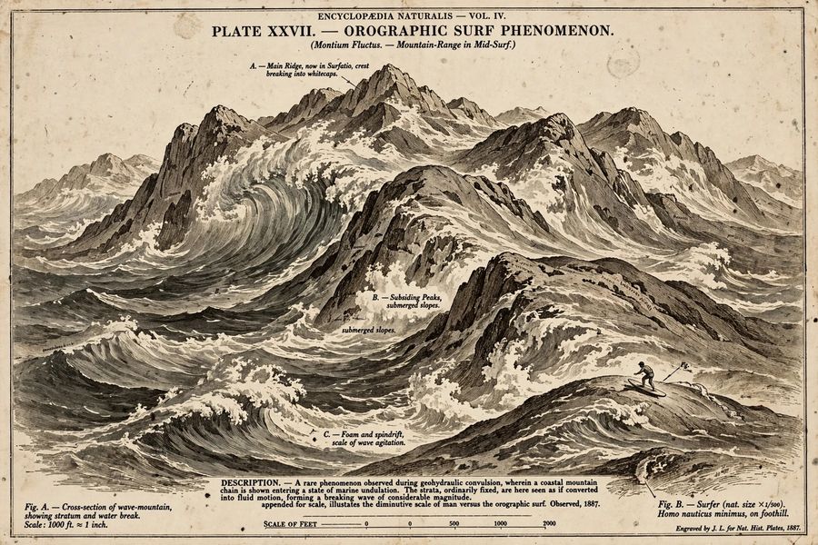 A mountain range mid-surf with whitecaps, a tiny surfer riding a foothill