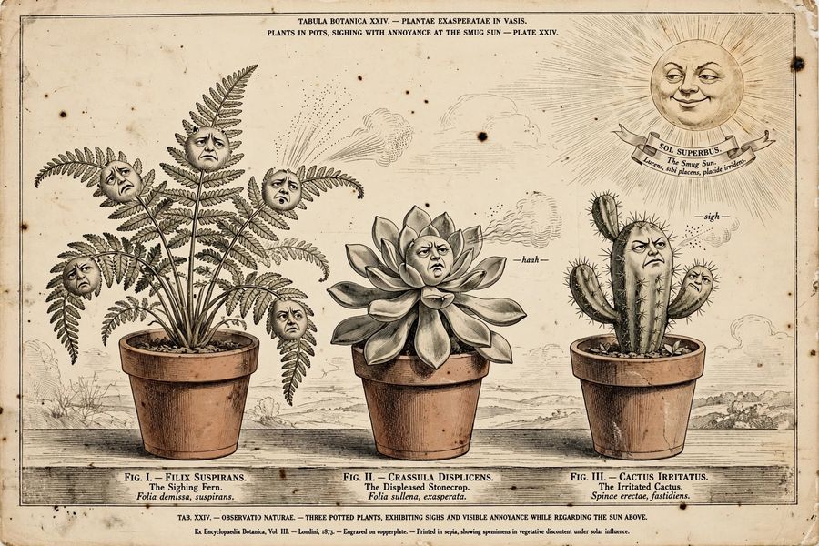 An illustration of plants looking annoyed at the sun