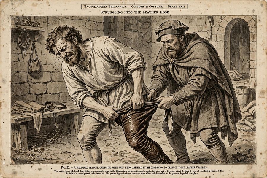 An illustration of a medieval man struggling with tight clothes
