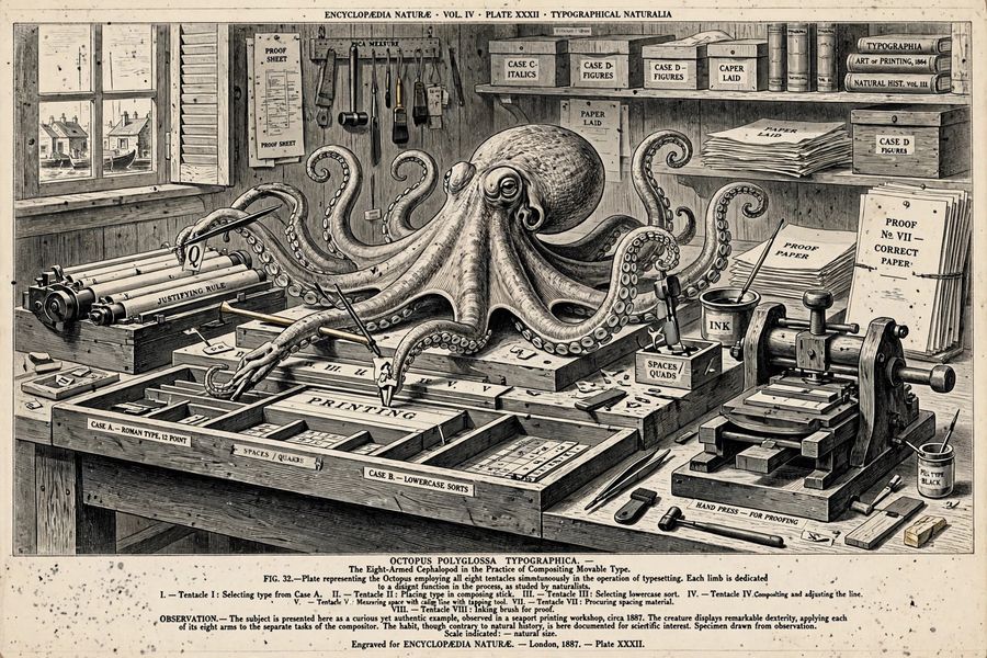 An illustration of an octopus using its tentacles to arrange letters