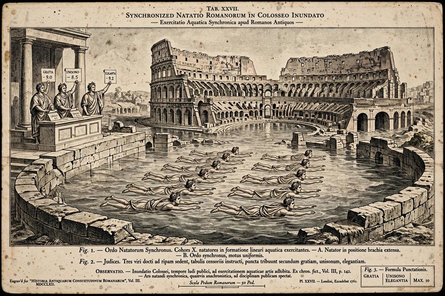 An illustration of Romans synchronized swimming in the Colosseum