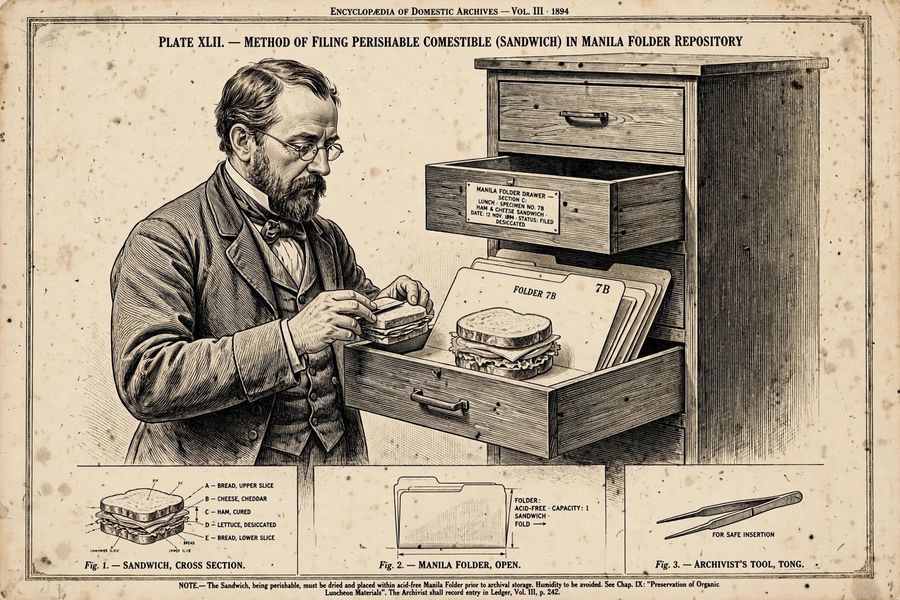 An archivist solemnly filing a sandwich into a labeled manila folder drawer