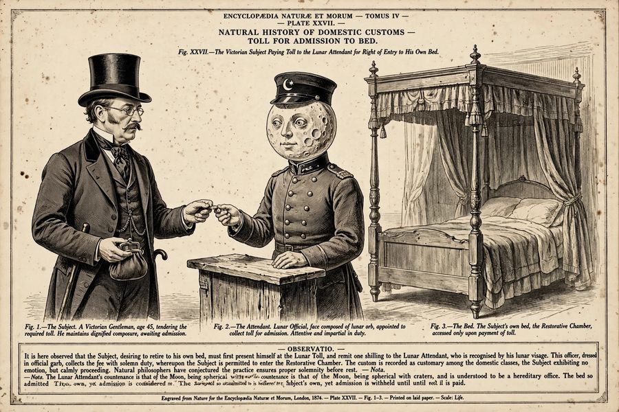 A Victorian gentleman paying a toll to a moon-faced attendant for admission to his own bed