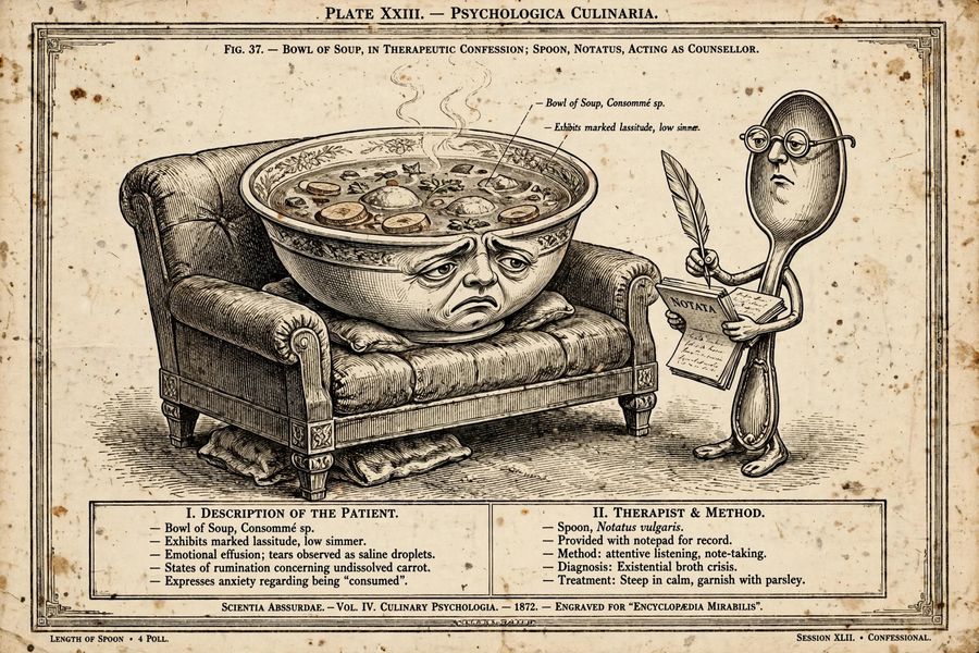 A bowl of soup on a therapist's couch confessing to a notepad-holding spoon