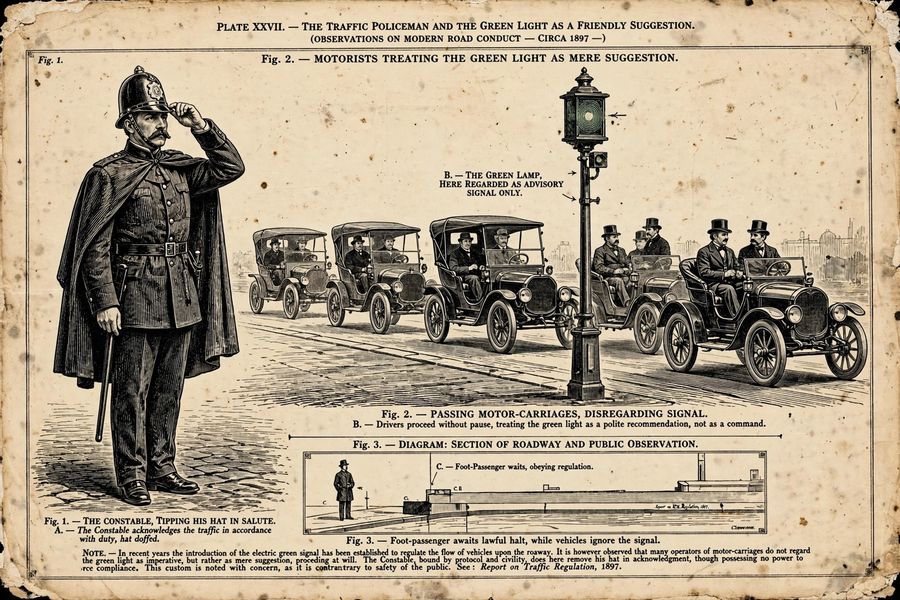 A solemn traffic policeman tipping his hat as motorists treat a green light as a friendly suggestion