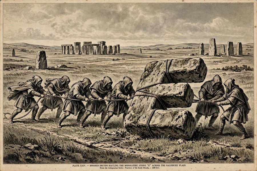 An illustration of druids moving a huge stone letter E