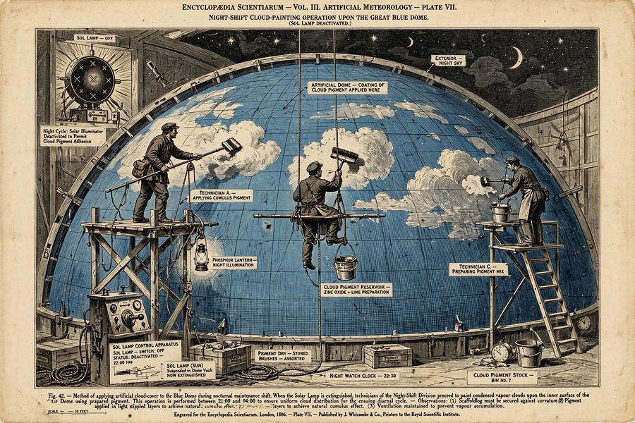 Night-shift technicians painting clouds onto a giant blue dome with brushes while the sun is switched off